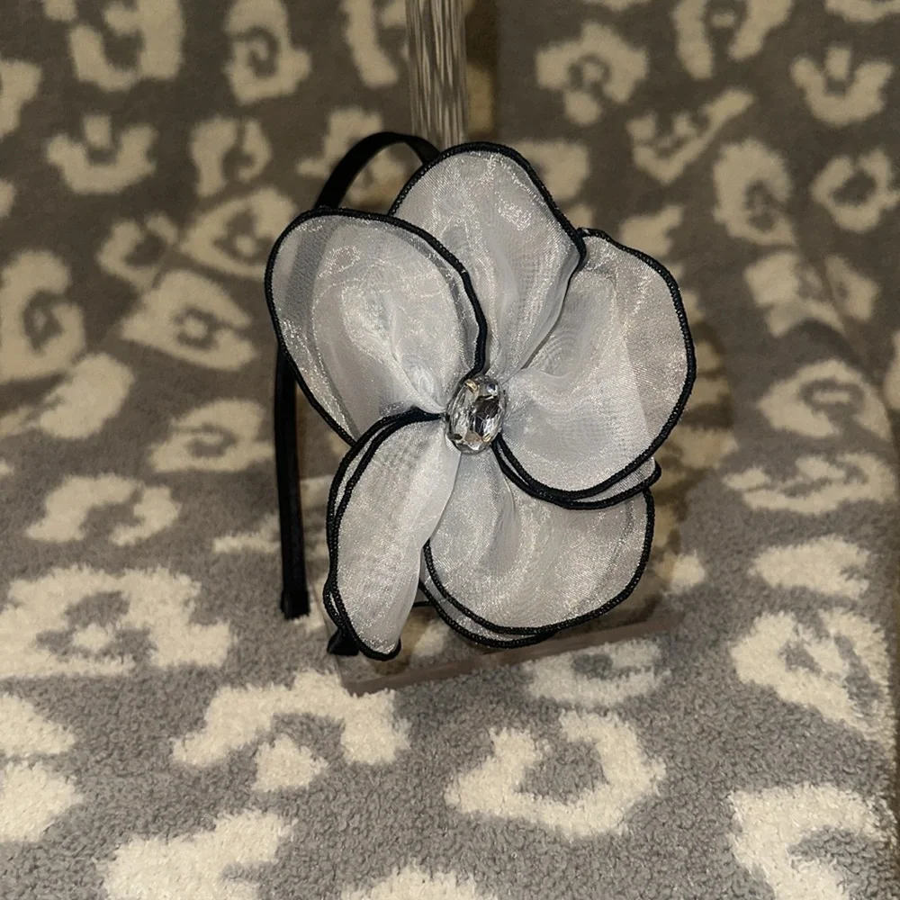 Tasha Black Band with Elegant Sheer White Flower with Clear Rhinestone Headband - Picture 15 of 17